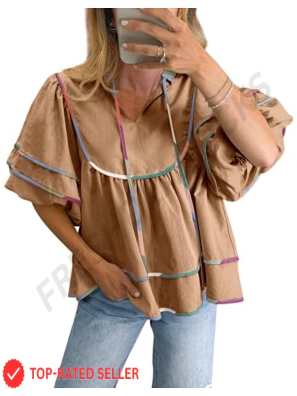 Women's Babydoll Top V-Neck Short Lantern Sleeve Flowy Blouse